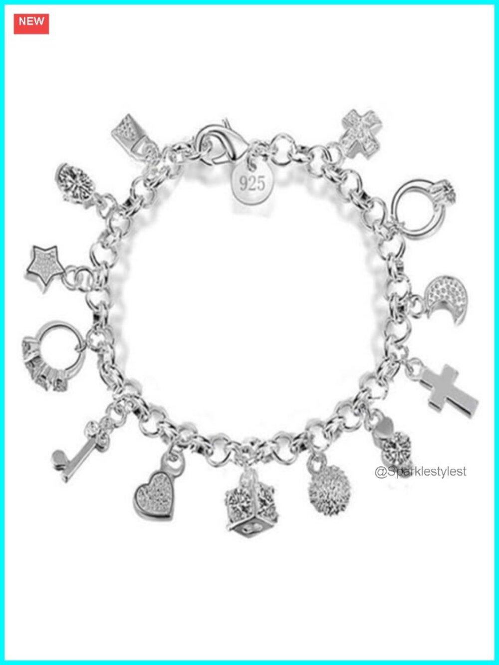 925 Sterling Silver Charm Bracelet Link 13 Charms Adjustable
